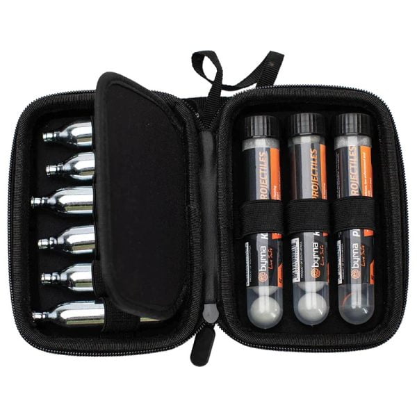 Byrna Co2 Carry Case - top view, opened with projectiles and Co2 cartridges securely stored