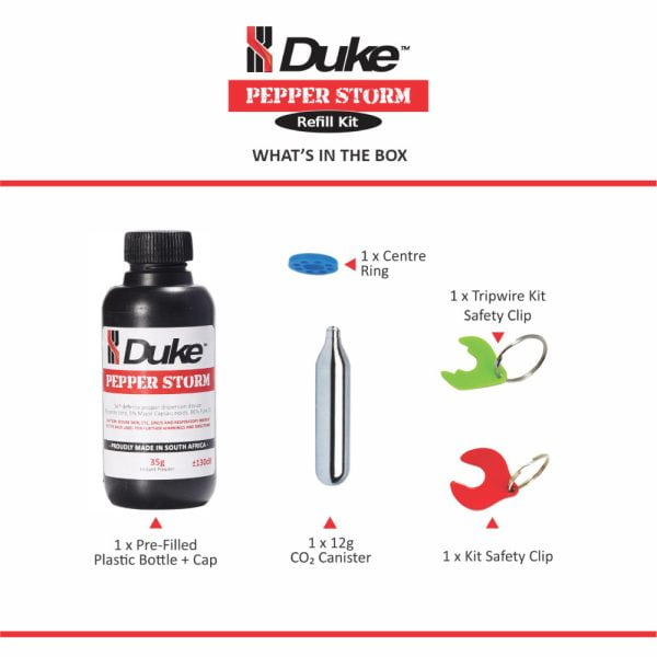 Duke Pepper Storm Refill Kit included in the box