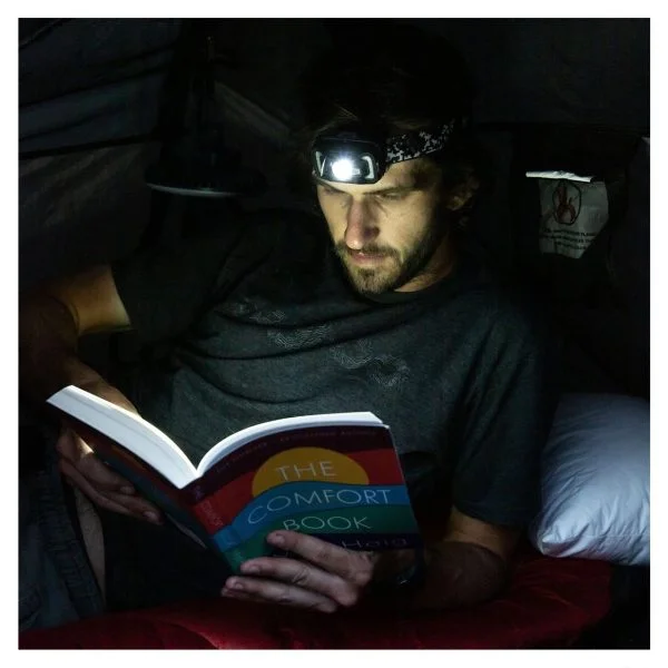 Legion Light Black Hawk Dual 500 Headlamp worn on head in the dark for reading