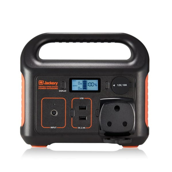 Jackery Explorer 250 Portable Power Station with 3 prong adapter plugged into 2 prong socket