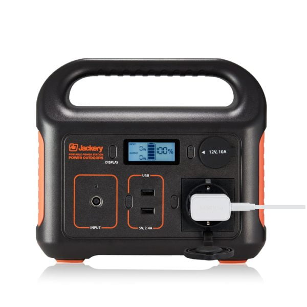 Jackery Explorer 250 Portable Power Station with cell phone charger plugged in