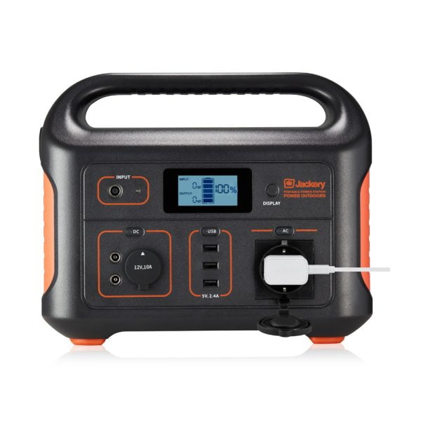 Jackery Explorer 500 Portable Power Station with cell phone charger plugged in