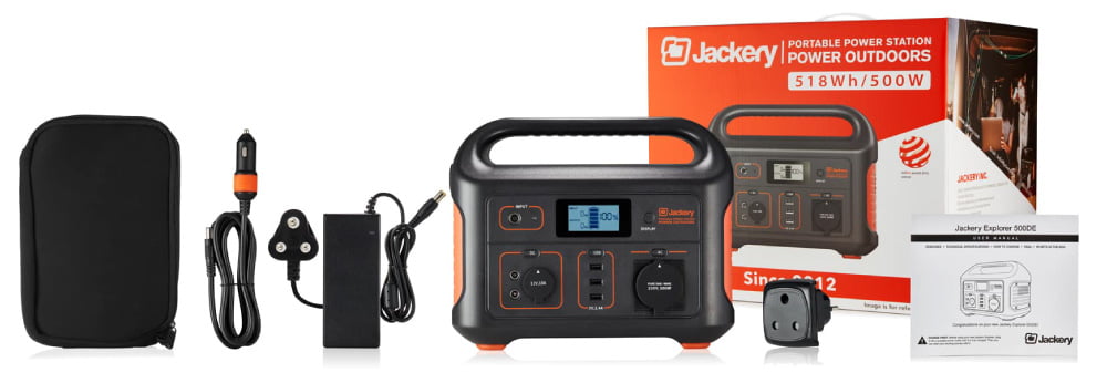 Jackery Explorer 500 Portable Power Station showing all items included in the box