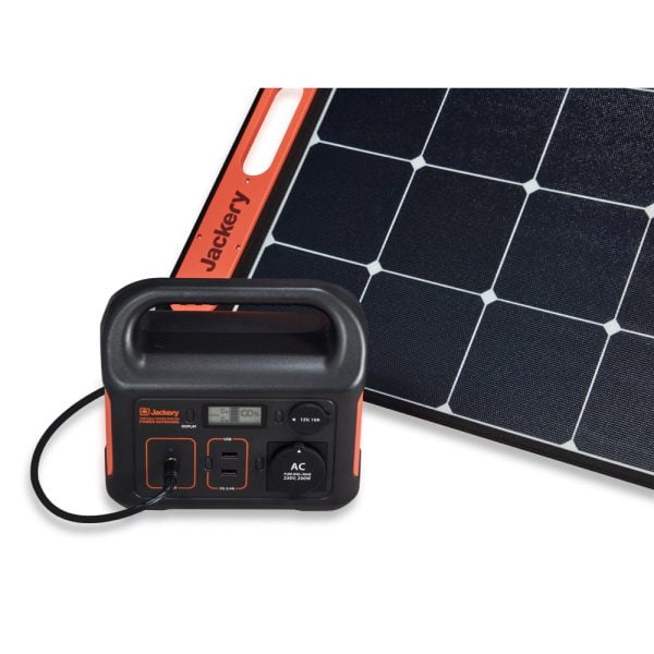 Jackery SolarSaga 100W Portable Solar Panel charging a Jackery portable power station