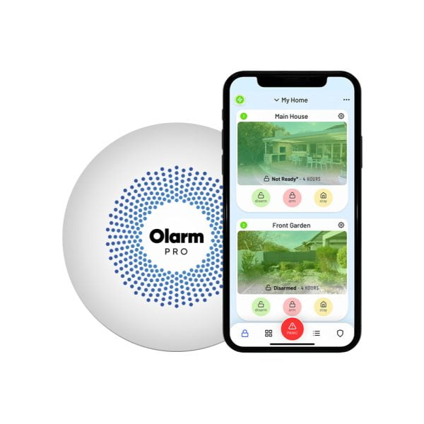 Olarm Pro 4G displayed with mobile app on smart phone