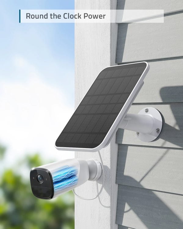 Eufy Solar Panel Charger installed on wall displaying a Eufy camera being charged