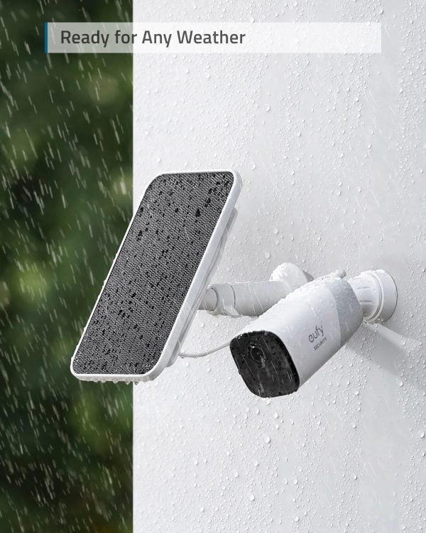 Eufy Solar Panel Charger with camera displayed in rainy weather