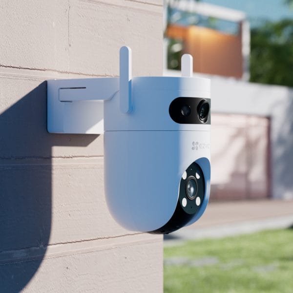 EZVIZ H9c 2K Dual-Lens Pan & Tilt WiFi Camera installed on a wall