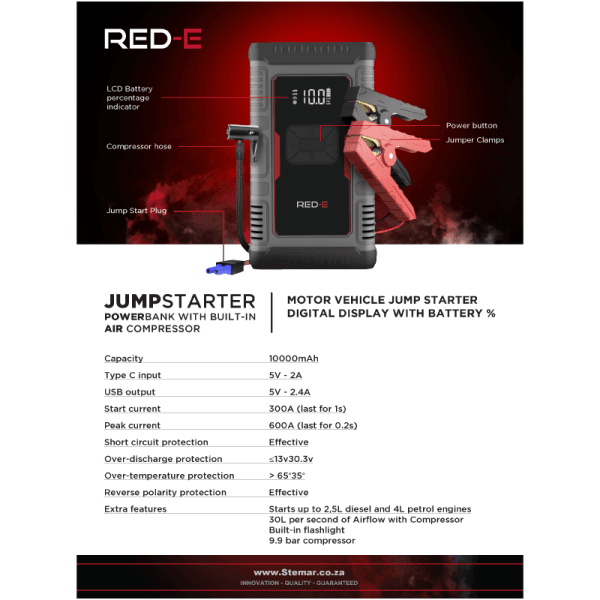 Red-E 10K MAH Jump Starter with Compressor specifications