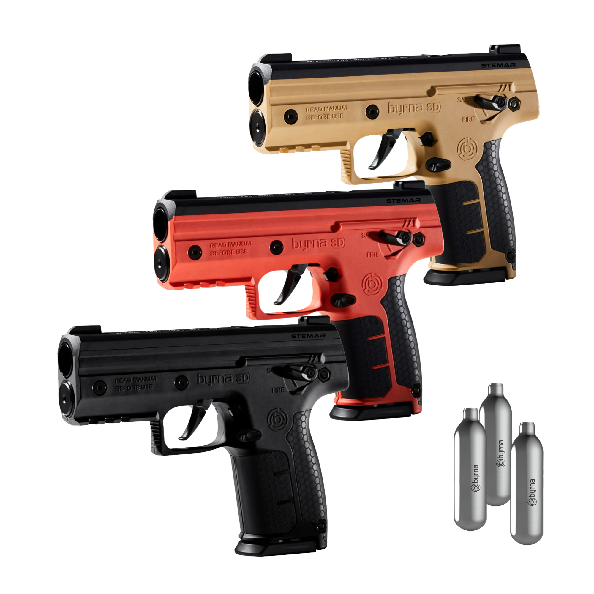 Byrna SD Launcher - .68 Cal available in three colours: Black, Orange and Tan, includes 3x gas