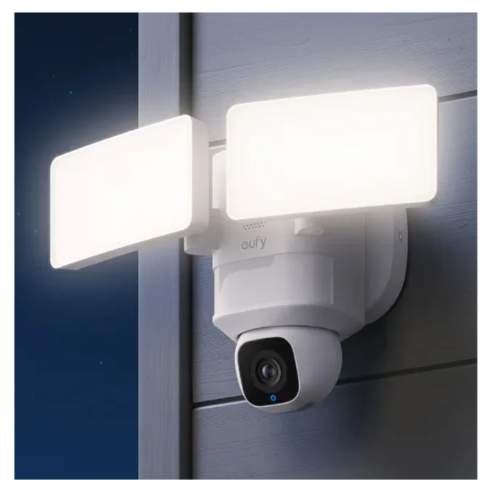 Eufy E30 Floodlight Camera 2K (3MP) installed on wall with flood lights on